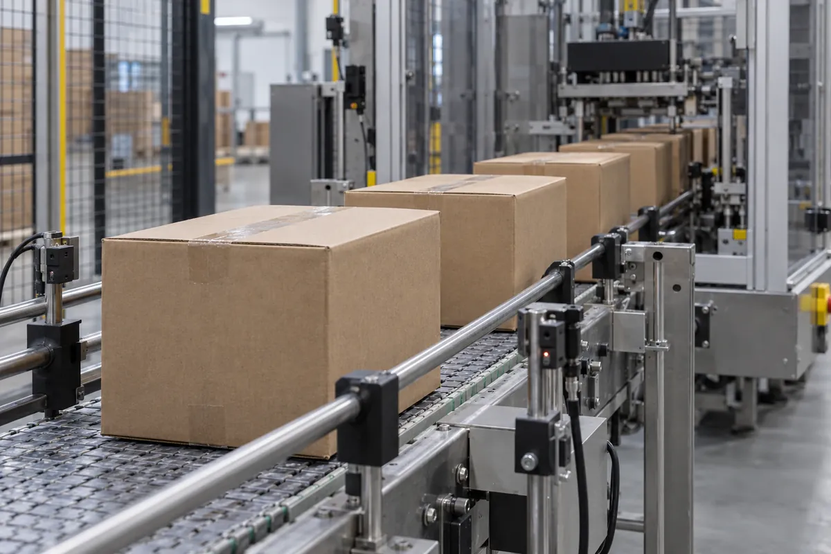 Close view of an accumulation conveyor feeding product into a case packer
