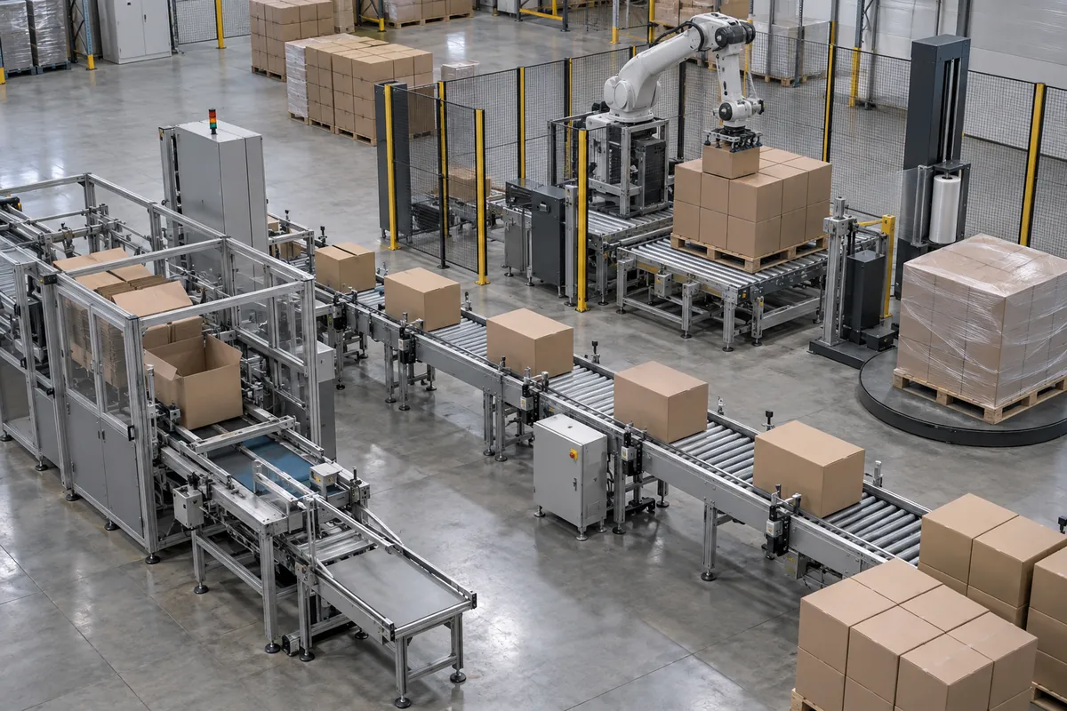 Overview of an end-of-line area with a case packer, conveyors, a palletizer, and a stretch wrapper