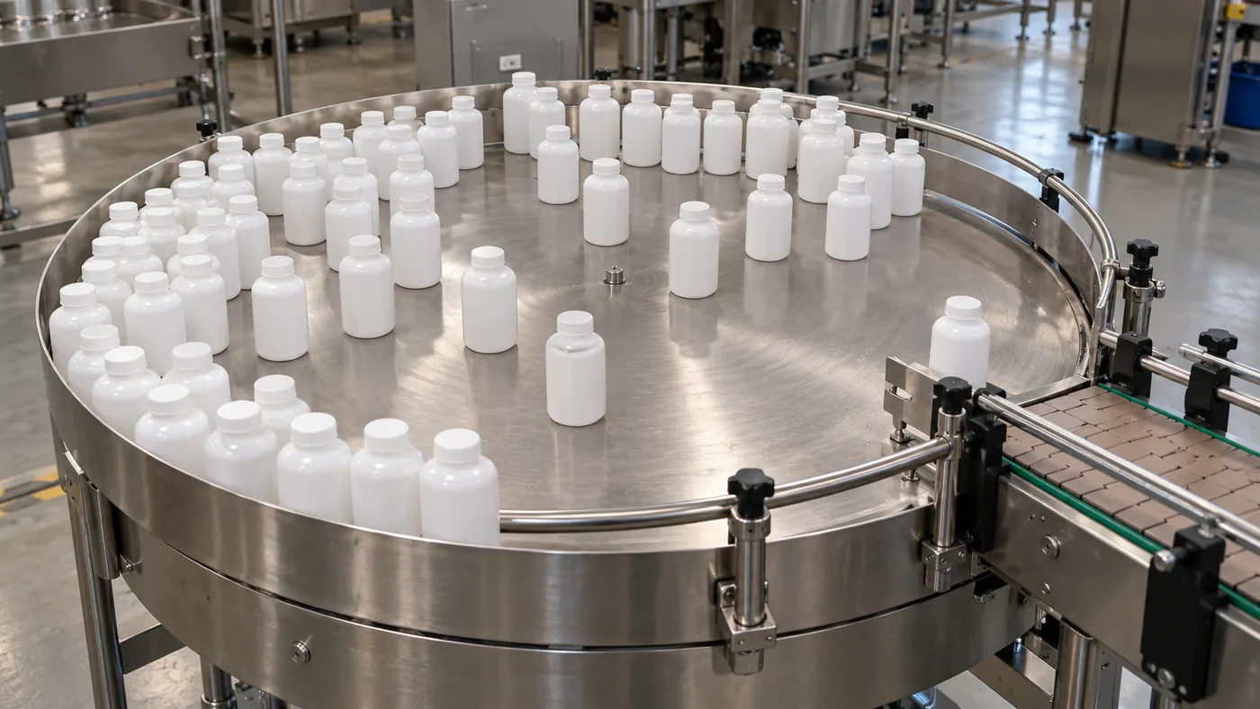 Plain unlabeled bottles standing on a round stainless disk with a guide rail and an open transfer gap