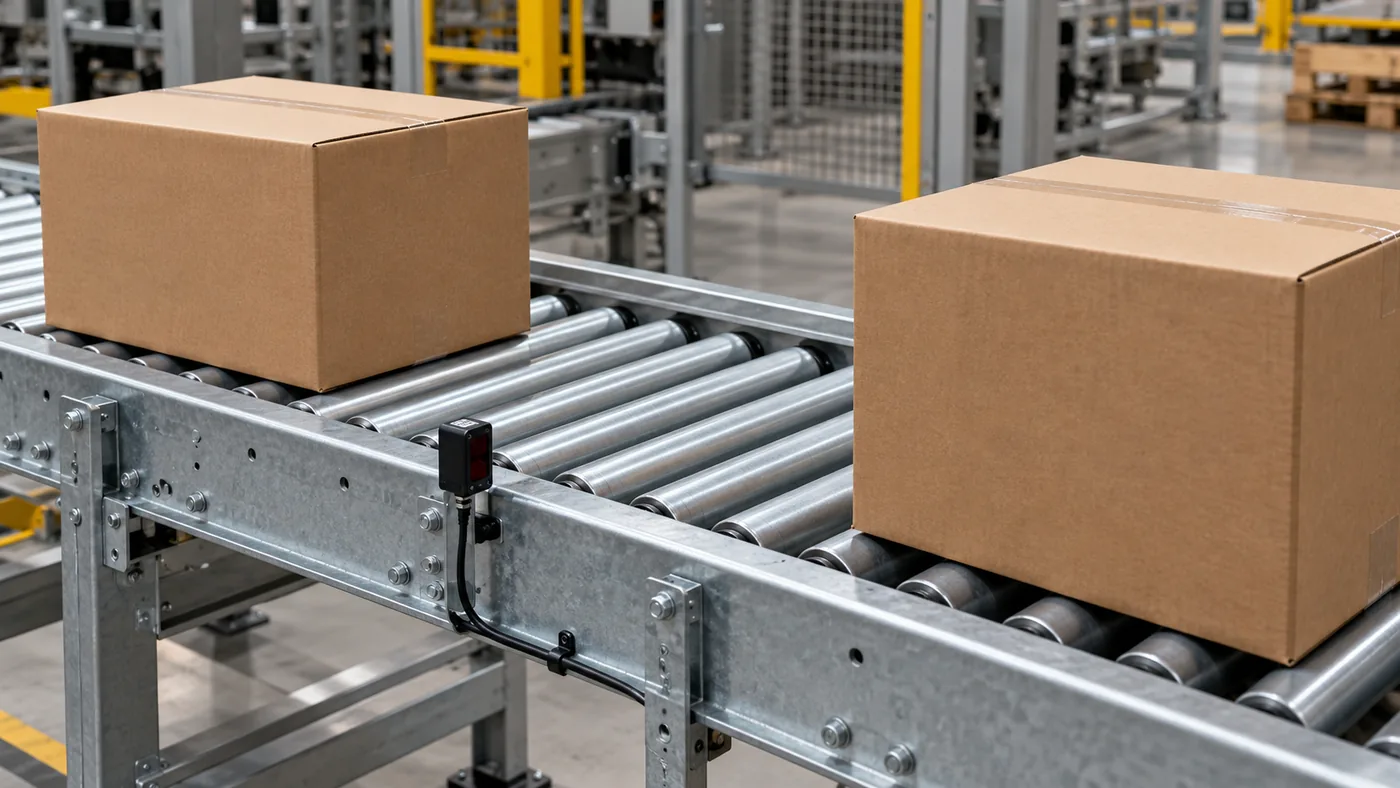 Two plain cartons stopped with a gap on a roller conveyor, a small sensor on the side frame