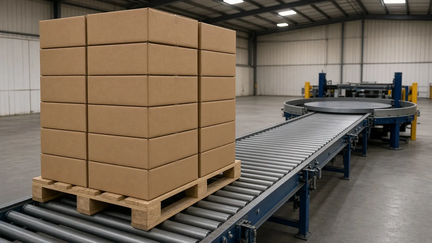 An unwrapped pallet of plain brown boxes on a roller conveyor, with a turntable at the far end of the conveyor