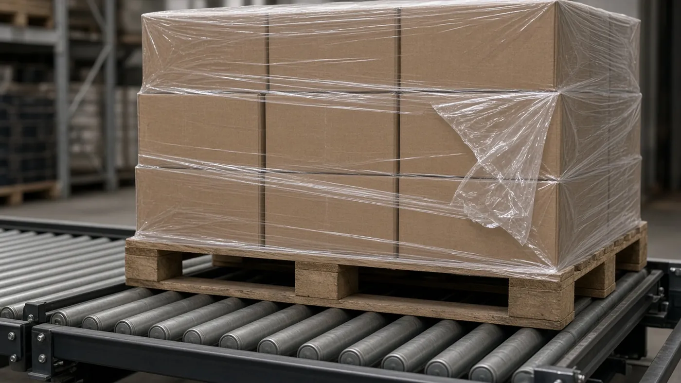 A wrapped pallet of plain brown boxes on a steel roller conveyor, with a loose film end against the side of the load