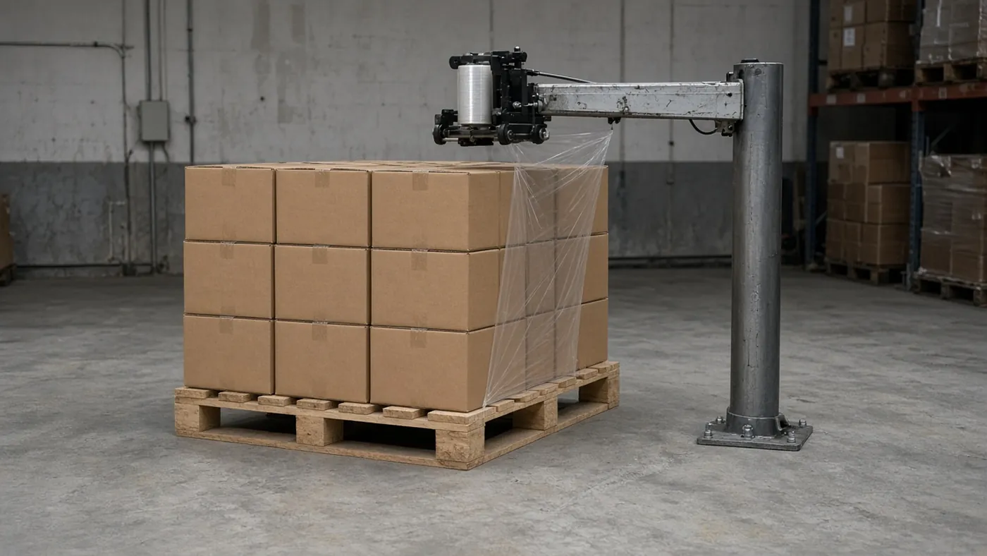 A pallet of plain brown boxes on a concrete floor, with a film carriage on a steel arm and a sheet of clear film between the carriage and the boxes