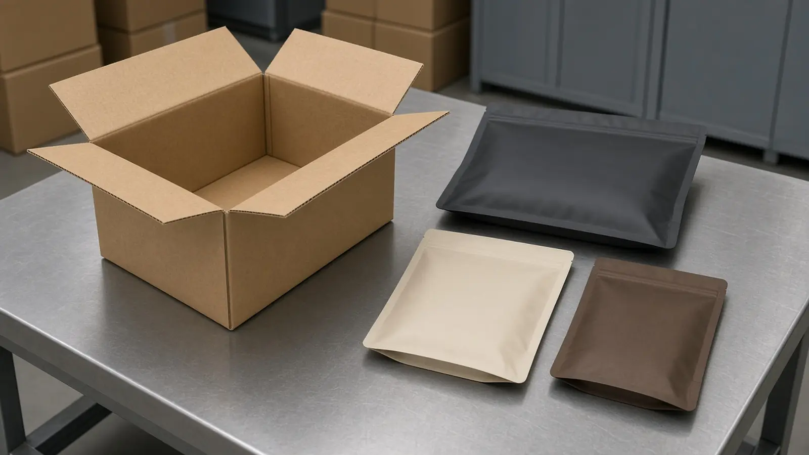 An open plain carton and three unmarked pouches on a steel table.