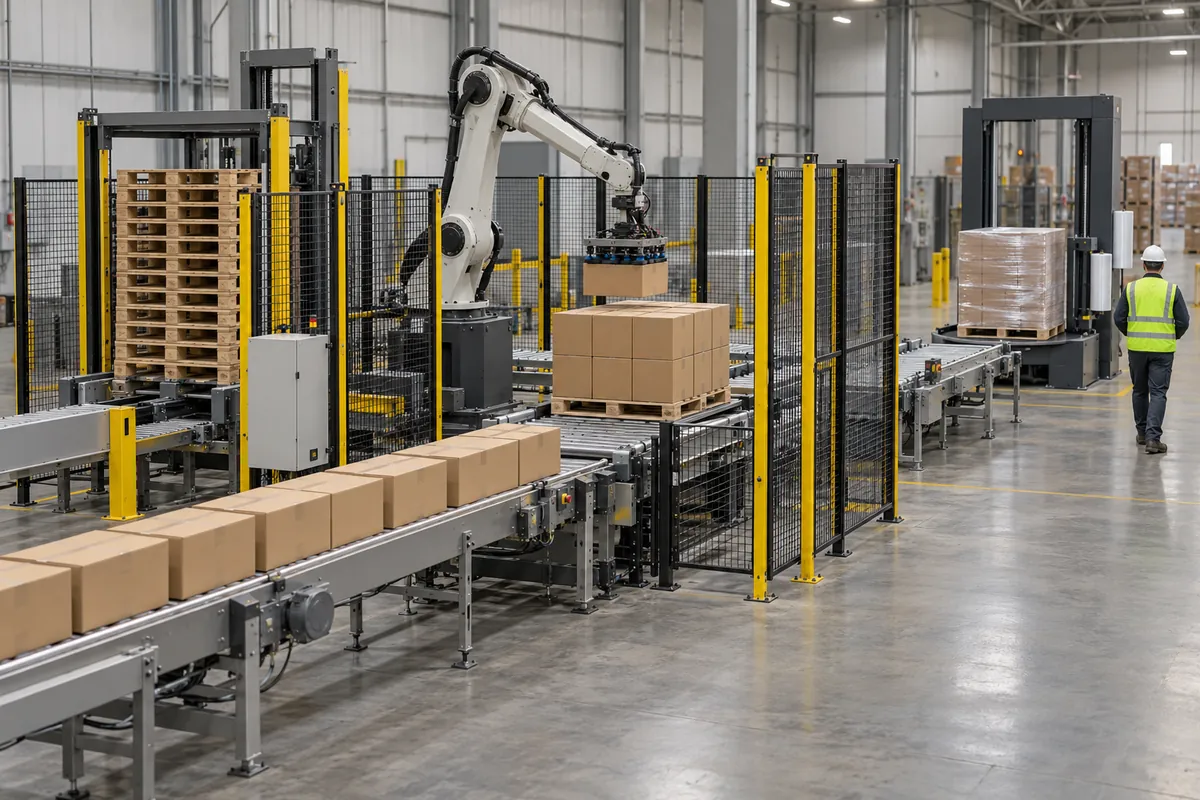 A palletizing cell on a plant floor with infeed conveyor, pallet dispenser, guarding, and a discharge conveyor leading to a stretch wrapper