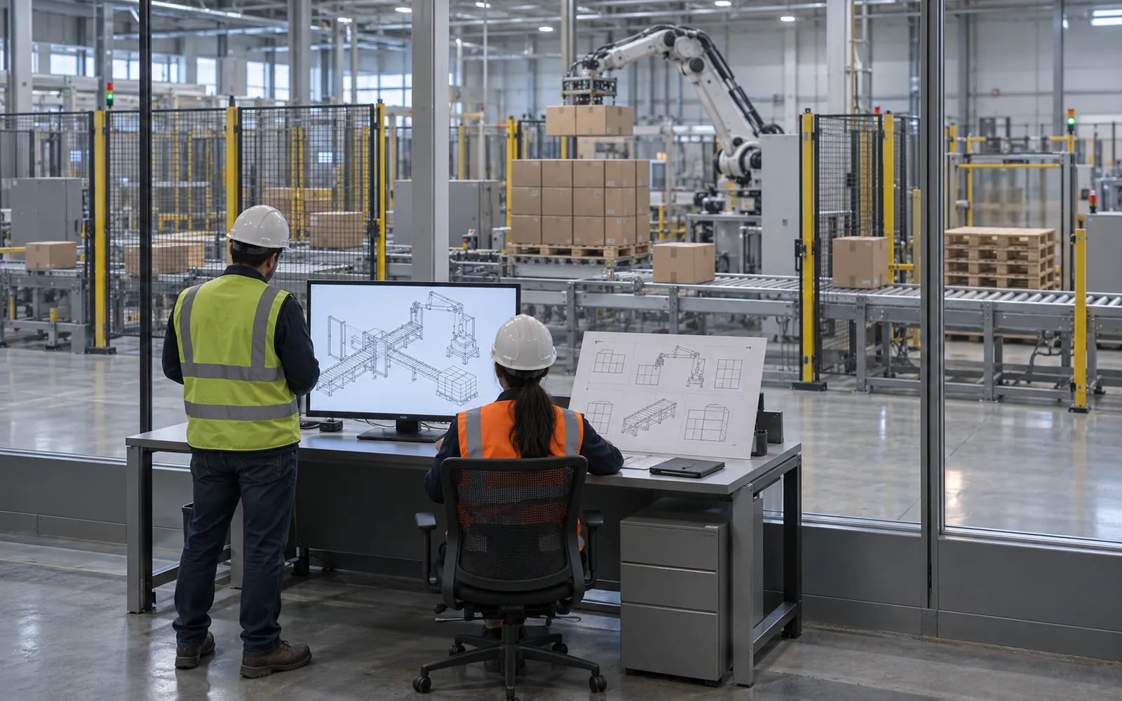 Two engineers seen from behind at a workstation reviewing a palletizing line layout and a specification sheet, with a plant floor behind them