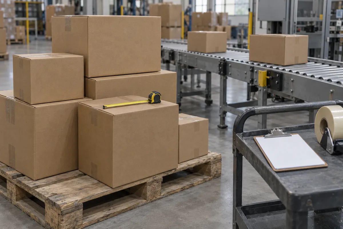 Stacks of plain brown cases of different sizes on pallets beside a case conveyor, with a tape measure and a clipboard on a cart