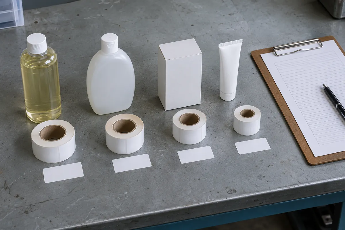 A round bottle, a flat oval bottle, a small carton and a slim tube laid out on a workbench, each next to a roll of blank label stock, with a blank form on a clipboard