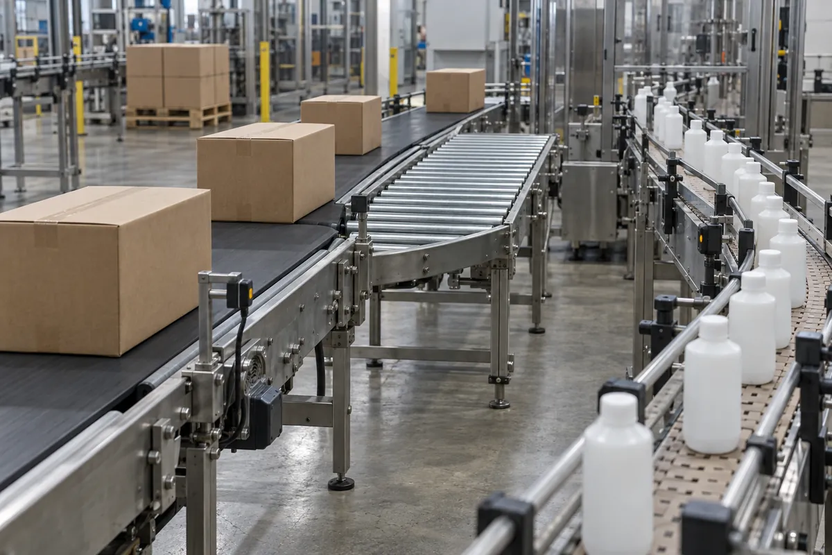 A plant floor with several conveyor types in sequence including a case belt conveyor, a roller conveyor, and a bottle tabletop chain conveyor