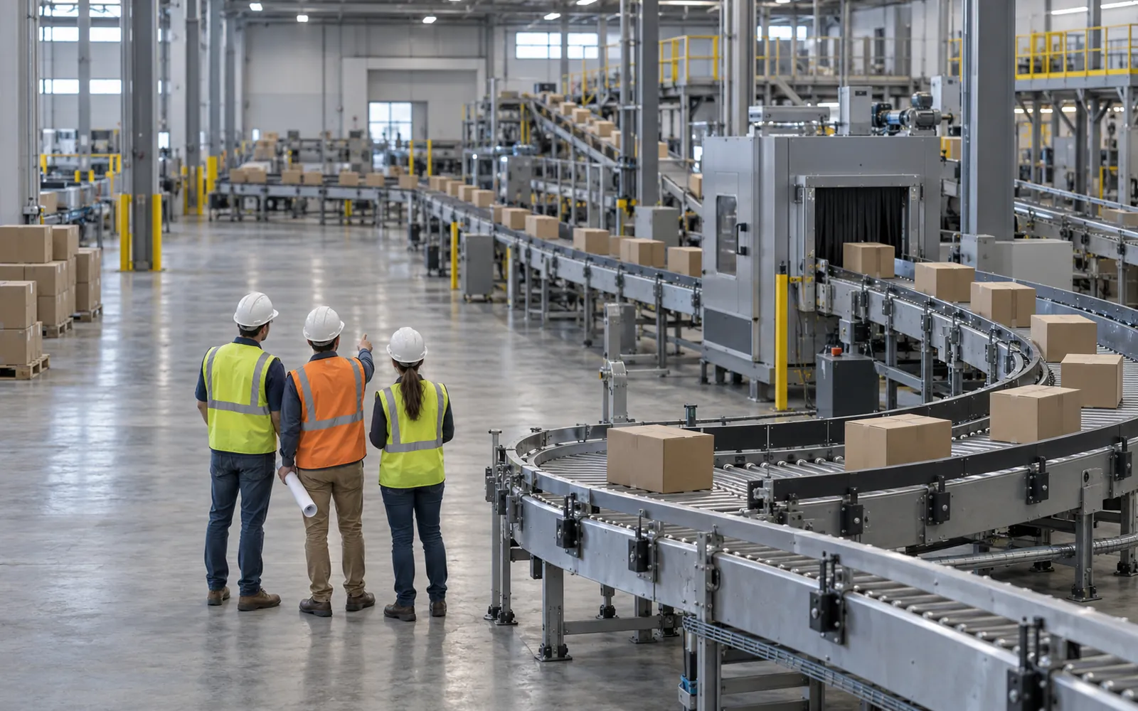 Project team seen from behind on a plant floor beside a run of case conveyors, reviewing a layout drawing