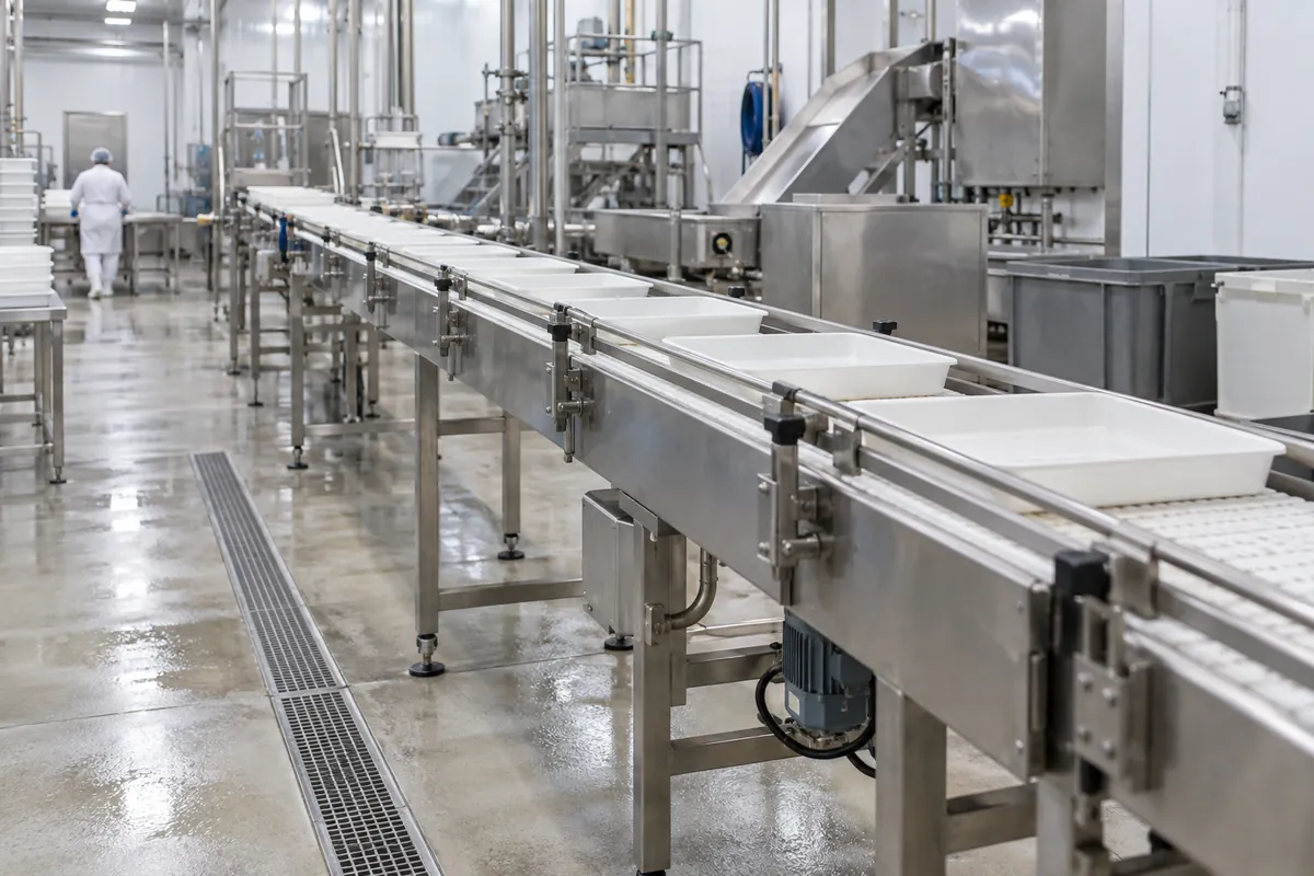 A stainless steel open-frame conveyor in a clean processing area, carrying plain trays, with drains in the floor and an operator in protective clothing in the distance