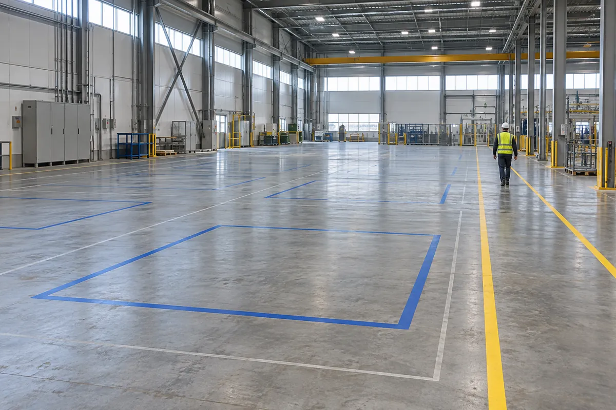 Floor tape outlining machine footprints and service zones on an empty section of plant floor, with a person walking along an aisle marking