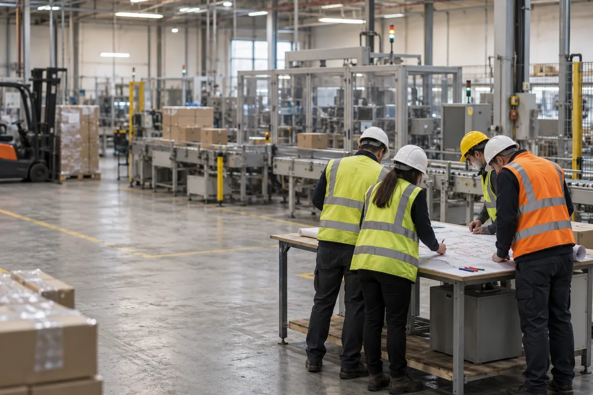 Four colleagues around a table reviewing a marked-up printed floor plan, with a packaging line blurred behind them