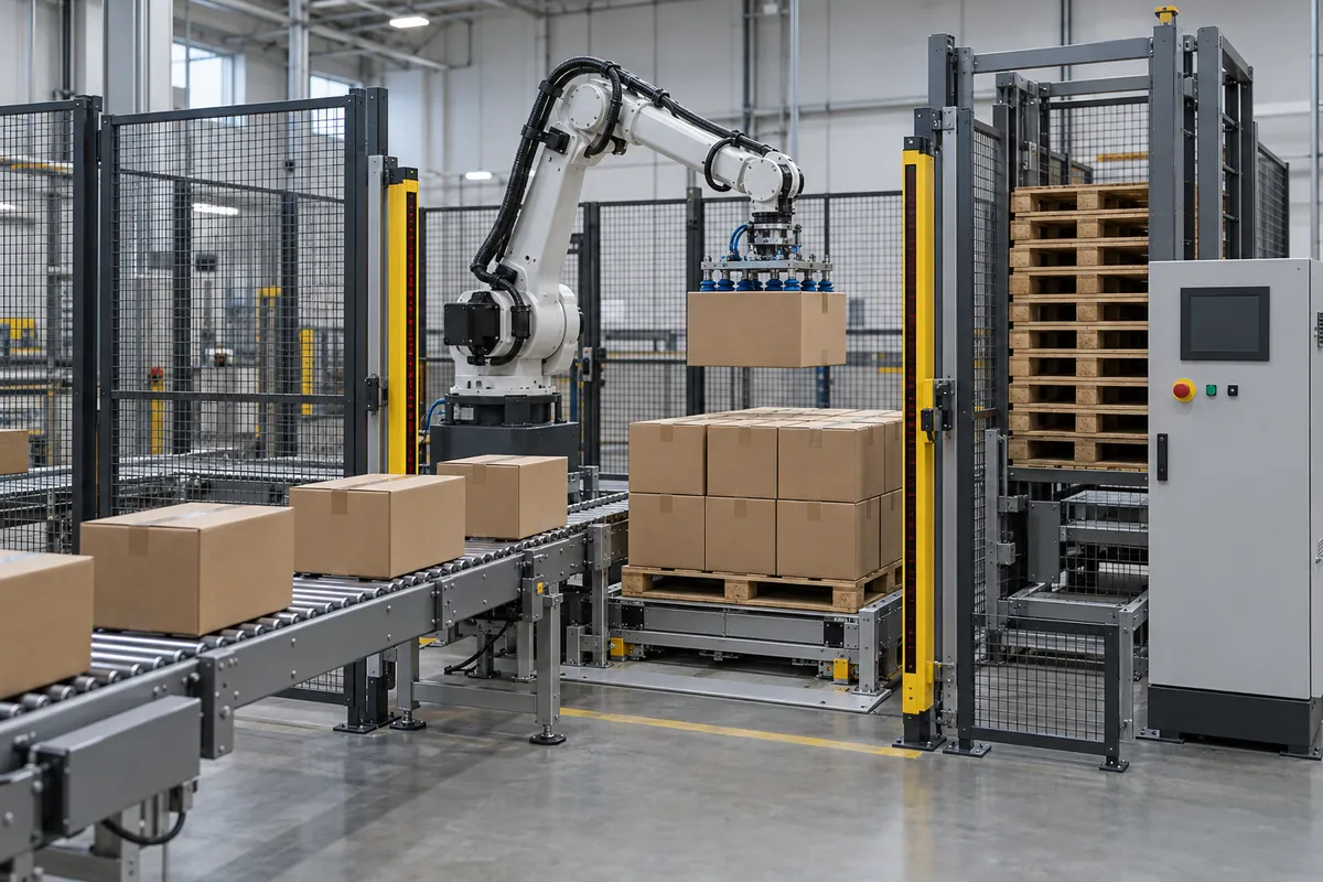 A palletizing cell with labeled zones for infeed conveyor, robot, gripper, guarding, and pallet dispenser seen from the plant floor