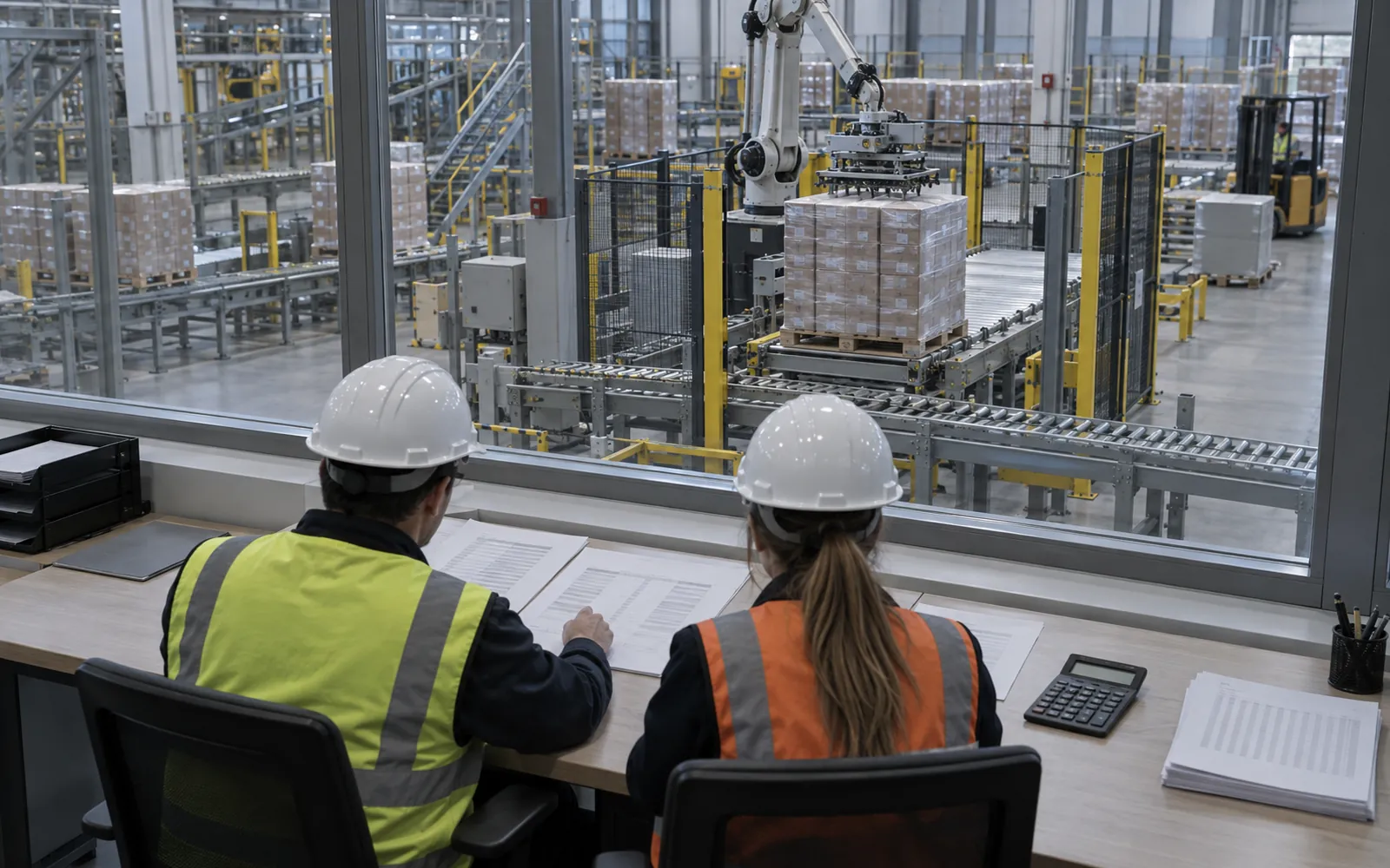 Two engineers seen from behind at a desk reviewing an itemized equipment budget beside a window overlooking a palletizing area