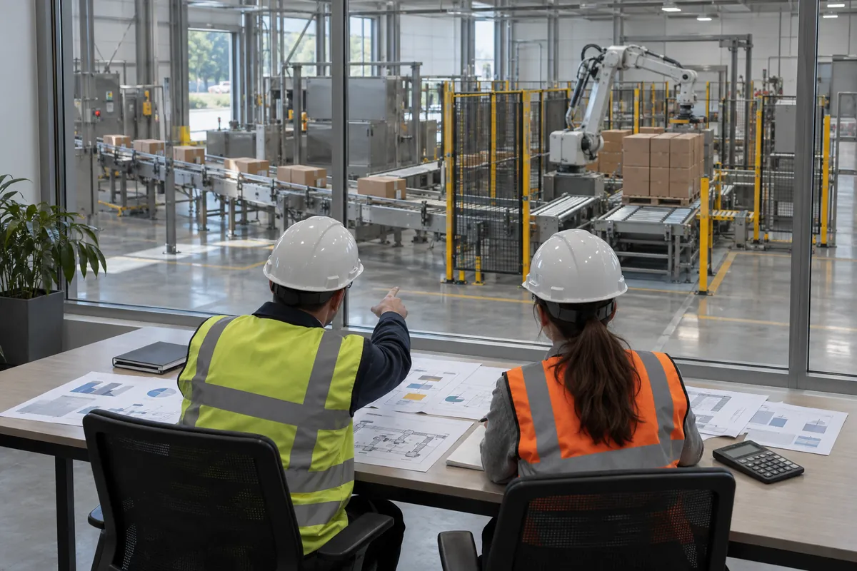 A plant manager and an engineer seen from behind at a table reviewing printed pages and a calculator beside a palletizing line
