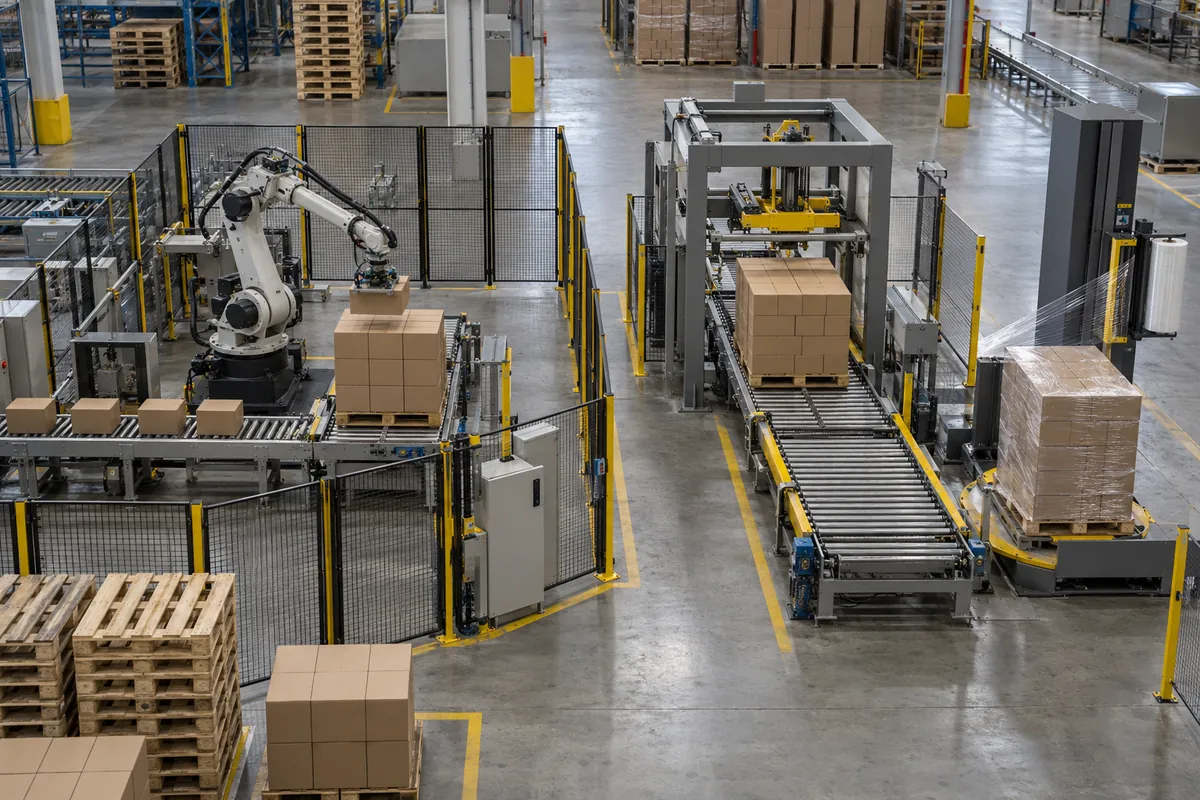 Overhead-style view of two palletizing layouts on a plant floor, one with a robotic cell inside a fence and one with a conventional machine and wrapper in a line