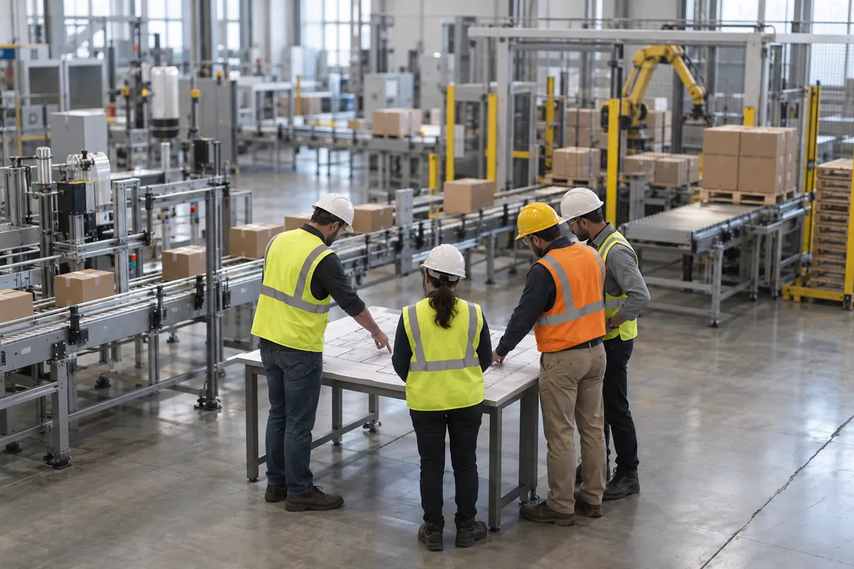 A project team gathered around a printed layout at a table beside a packaging line, comparing options for end-of-line equipment