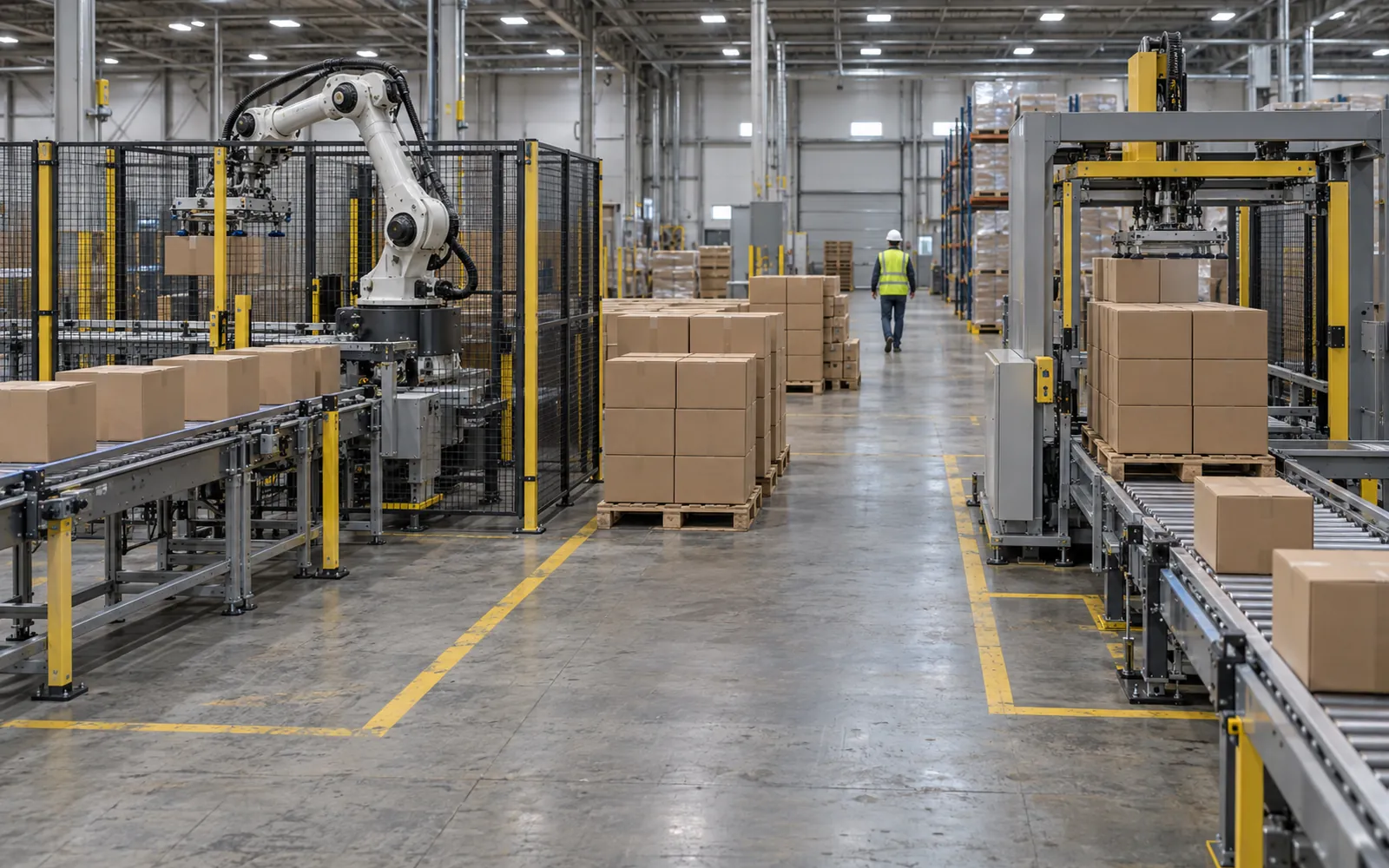 A robotic palletizing cell and a conventional layer palletizer side by side on a packaging plant floor, each fed by a case conveyor