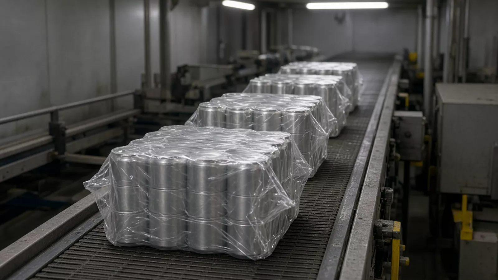Film-wrapped groups of plain cans on an open belt conveyor