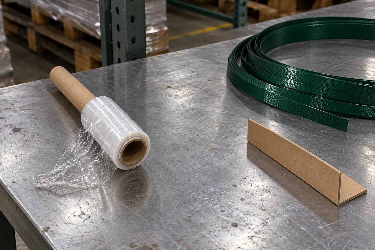 A narrow roll of clear bundling stretch film on an extended cardboard core handle beside a green embossed polyester strapping coil and a brown kraft corner board on a steel workbench