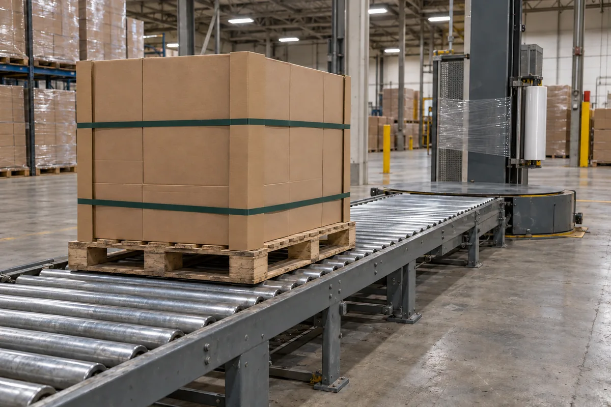 A wooden pallet of plain brown corrugated cartons with kraft vertical corner boards and two horizontal green polyester straps on a powered steel roller conveyor approaching a turntable stretch wrapper