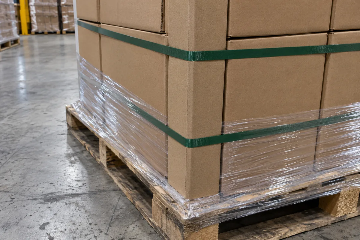 Close view of the vertical corner of a stacked pallet load of plain brown corrugated boxes with a brown kraft paperboard corner board held by two horizontal green polyester straps and clear stretch film at the base