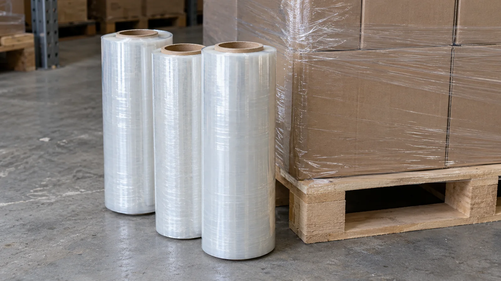 Transparent stretch film rolls with cardboard cores beside a pallet of plain brown cartons