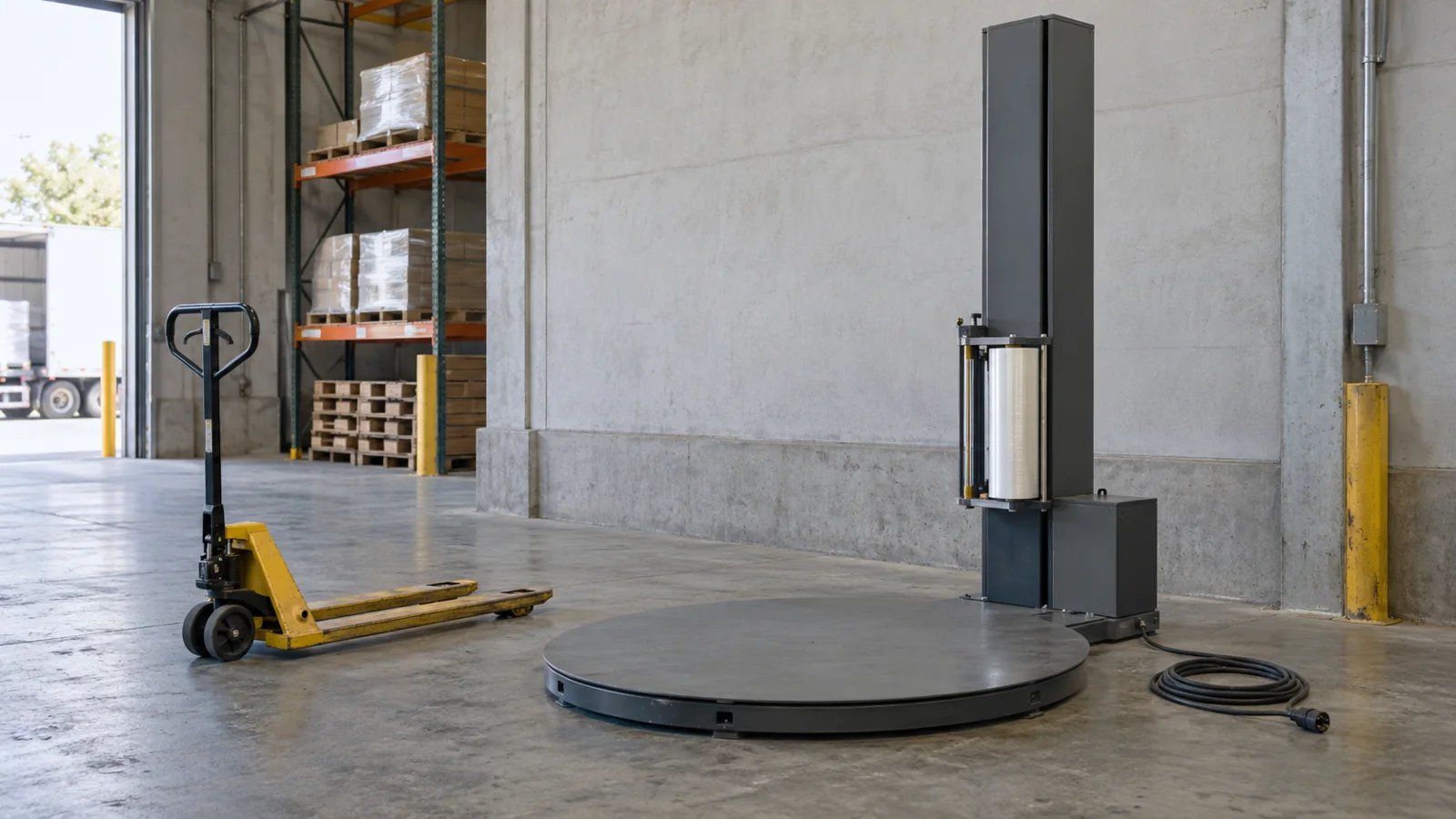 A manual pallet jack and coiled cable on a concrete floor near an unbranded stretch wrapper