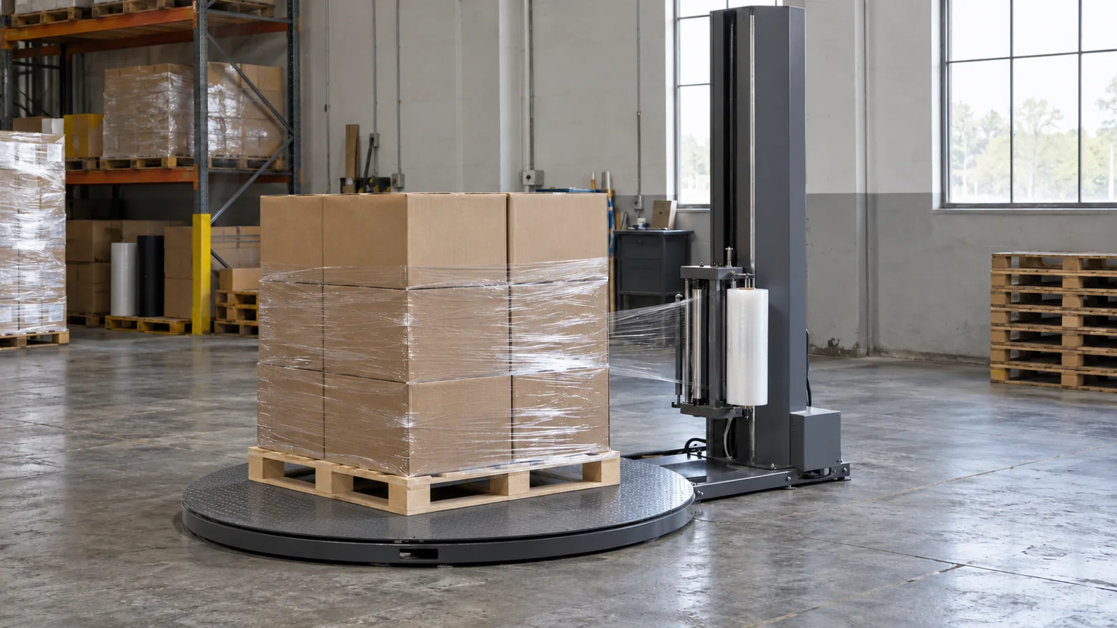 A pallet of plain brown cartons surrounded by clear film on a steel turntable wrapper beside a vertical mast