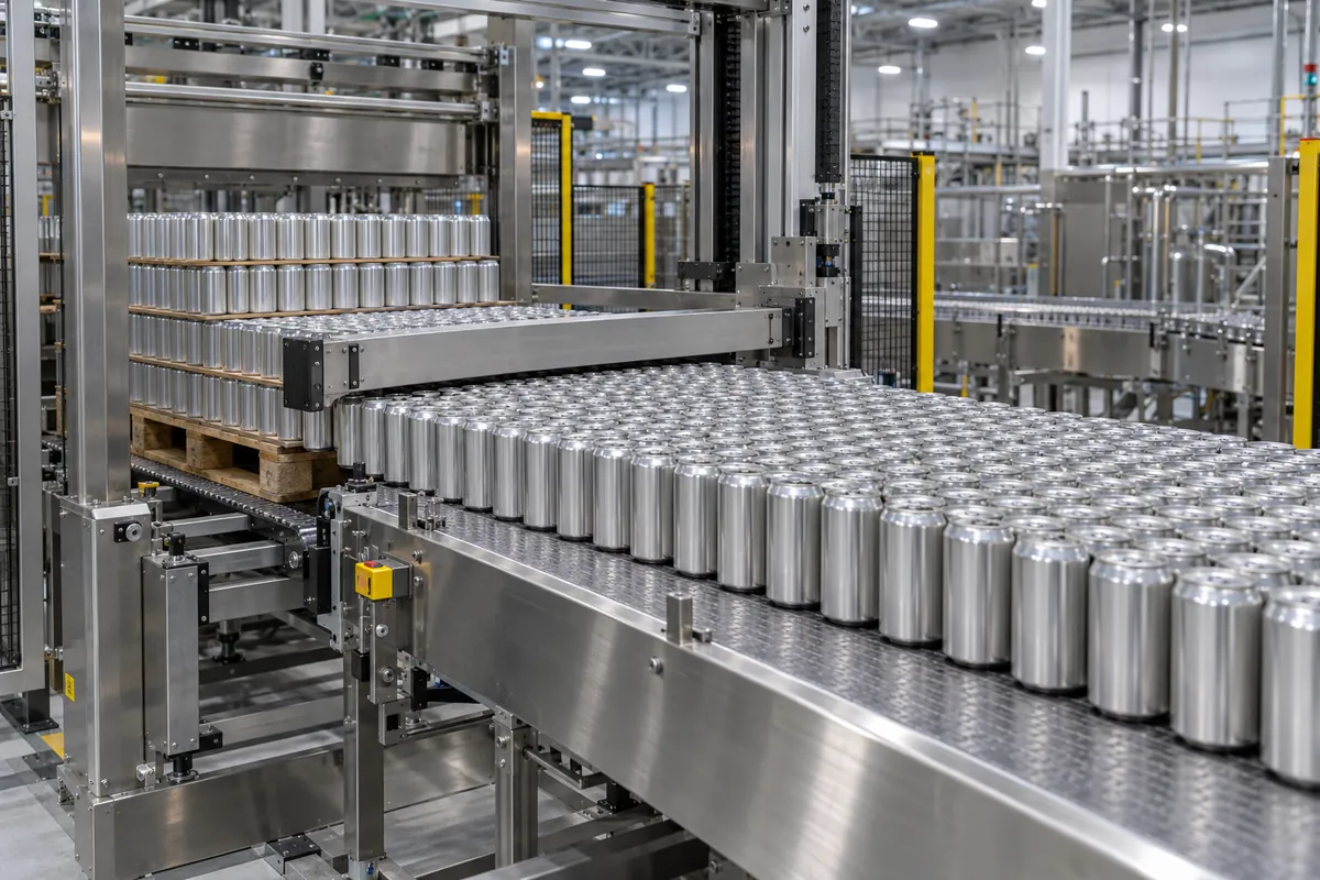 Layer of empty aluminum cans on a pallet being swept toward a conveyor in a beverage packaging hall
