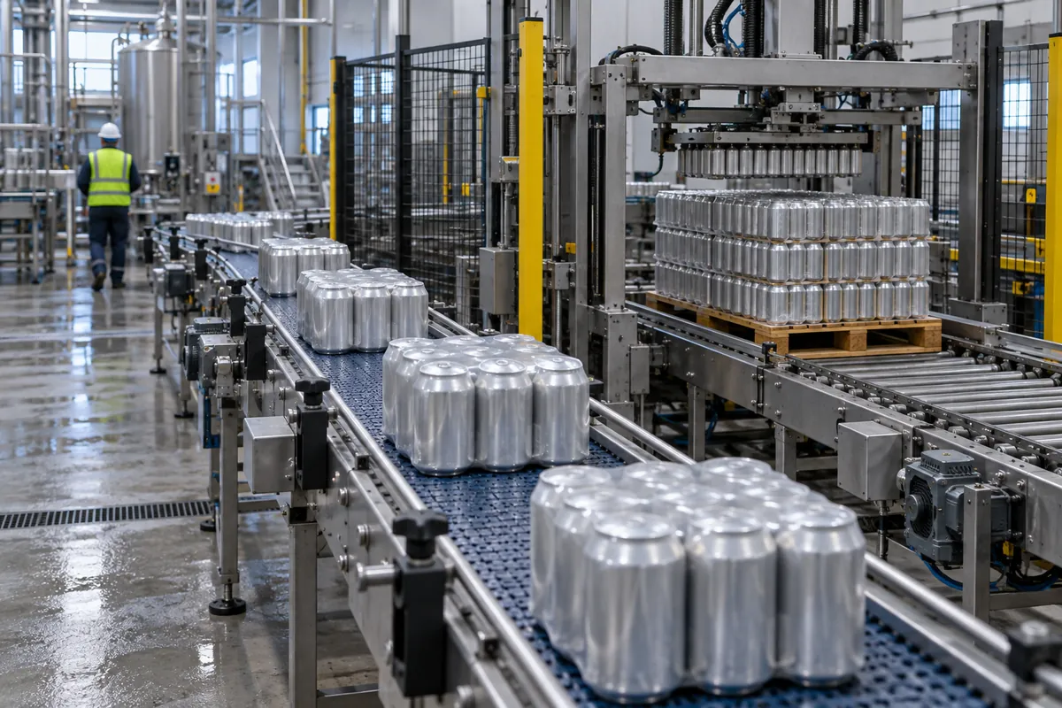 Shrink-wrapped can multipacks on a case conveyor leading to a low-level palletizer in a beverage packaging hall