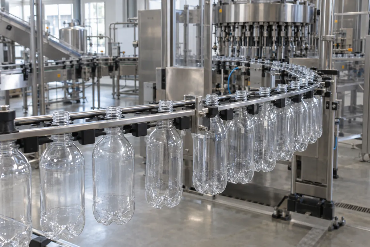 Empty clear PET bottles hanging by their necks on an air conveyor leading toward a filling area