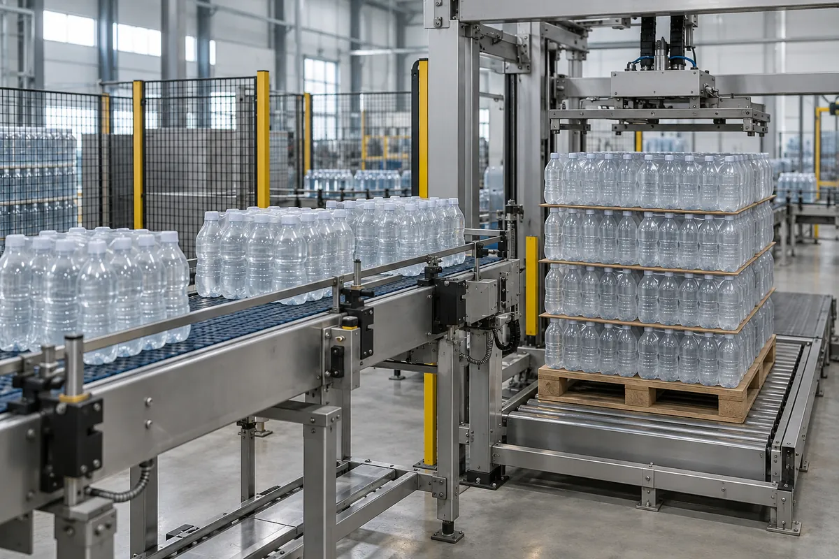 Film-wrapped bundles of unlabeled water bottles on a conveyor approaching a low-level palletizer