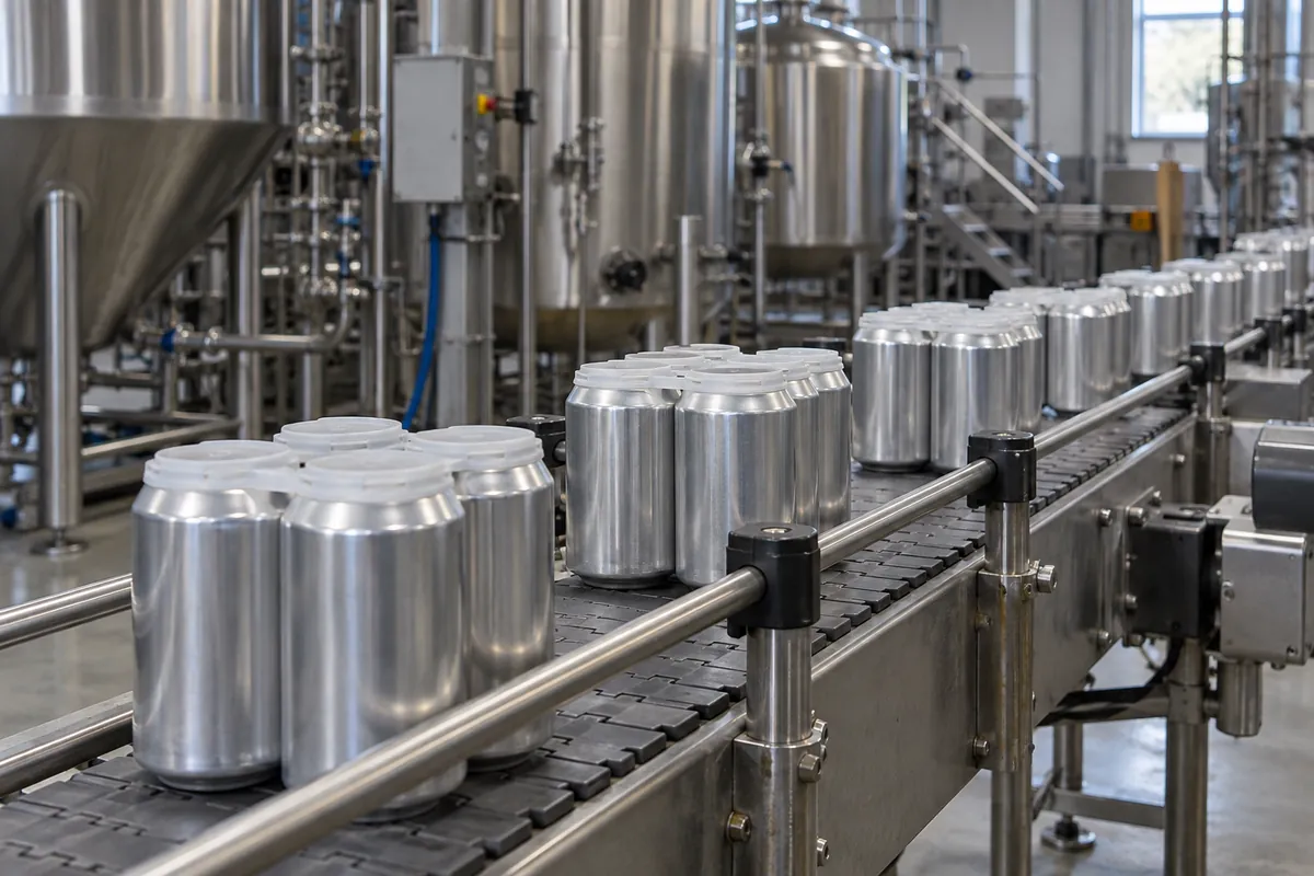 Aluminum cans with plastic carriers on a compact conveyor in a craft brewery packaging area