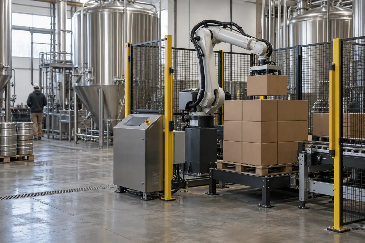 Compact robotic palletizing cell stacking plain cases next to a stainless brewing vessel in a craft brewery