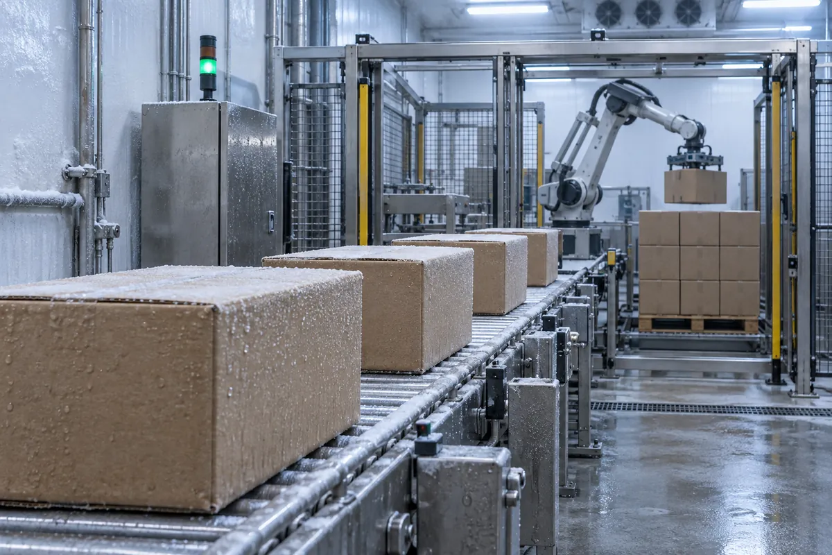 Plain frosted cases on a conveyor entering a robotic palletizing cell in a cold packaging room