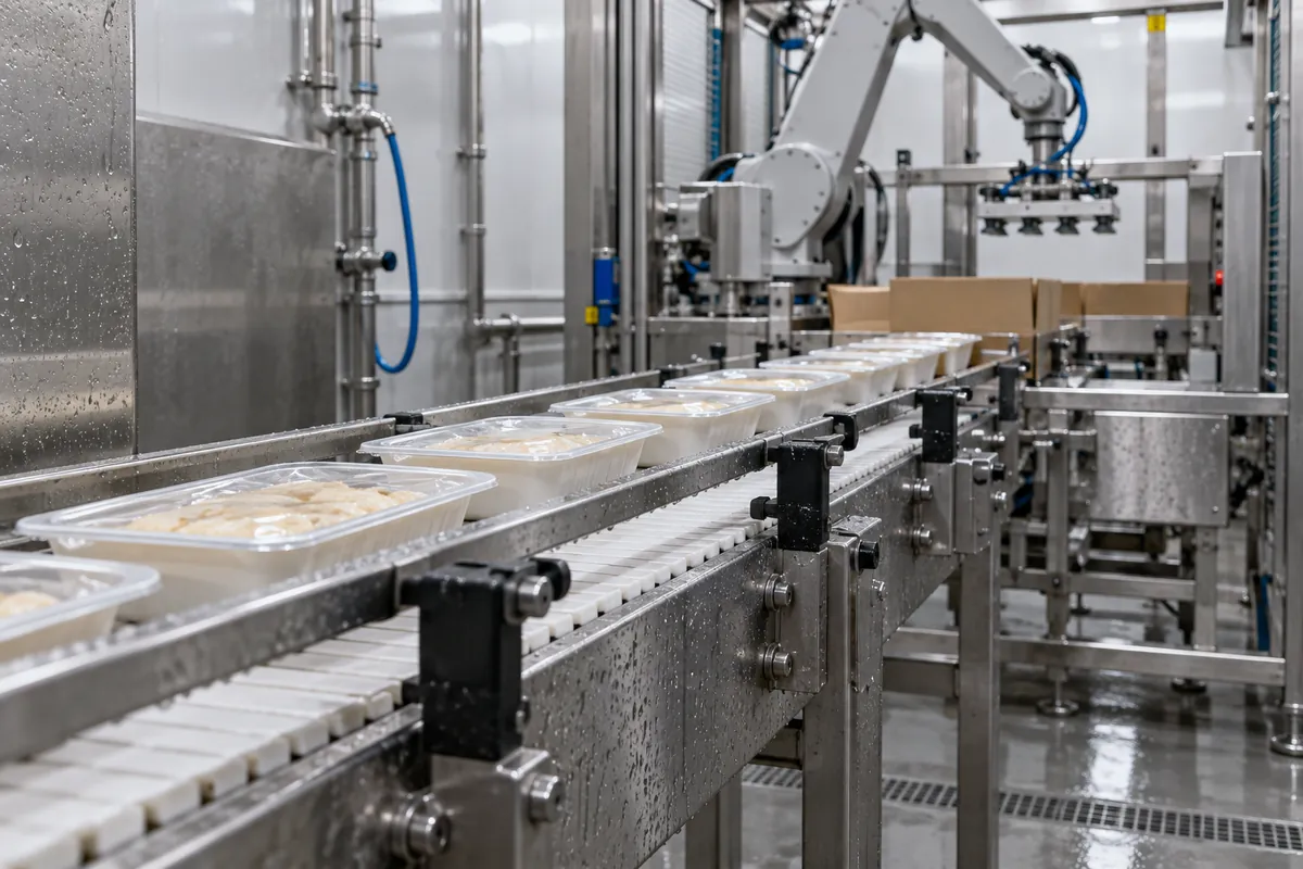 Stainless steel open-frame conveyor delivering plain unlabeled food trays to a robotic case packer in a washdown room