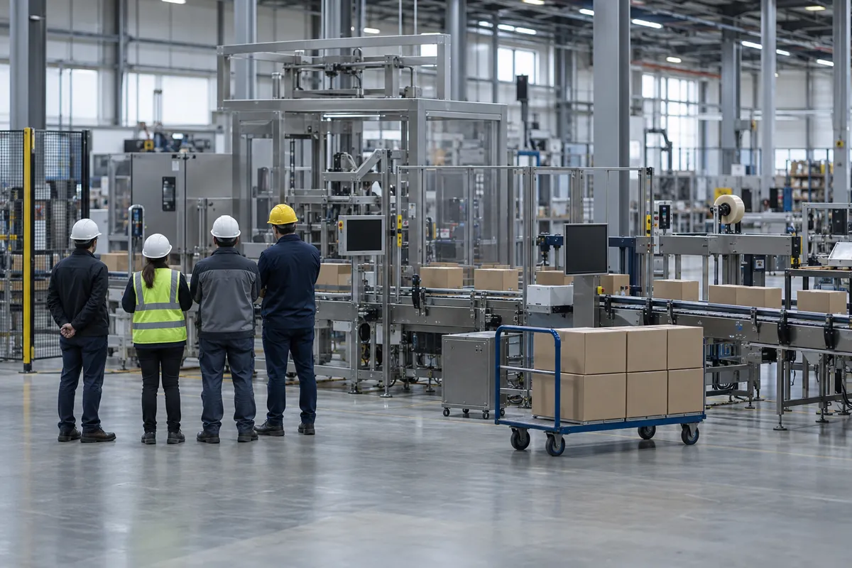 Engineers and operators seen from behind watching an integrated line run during a factory acceptance test on a shop floor