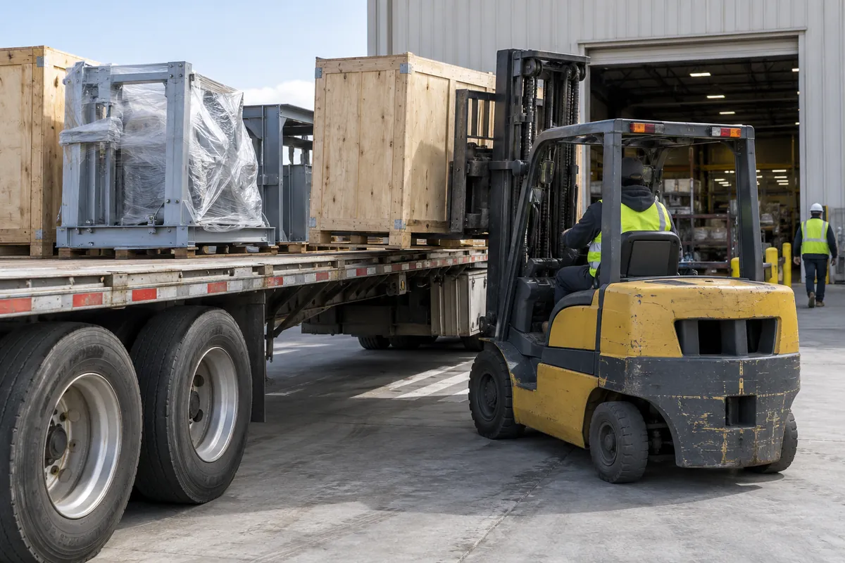 Crated machine sections being unloaded by forklift from a flatbed truck at a plant receiving dock