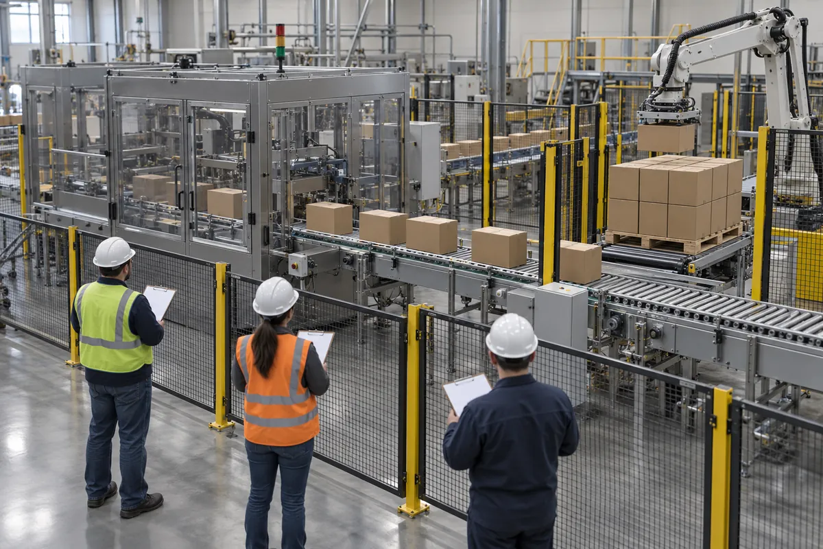 Operators seen from behind with clipboards observing a packaging line run cases from a case packer to a palletizer