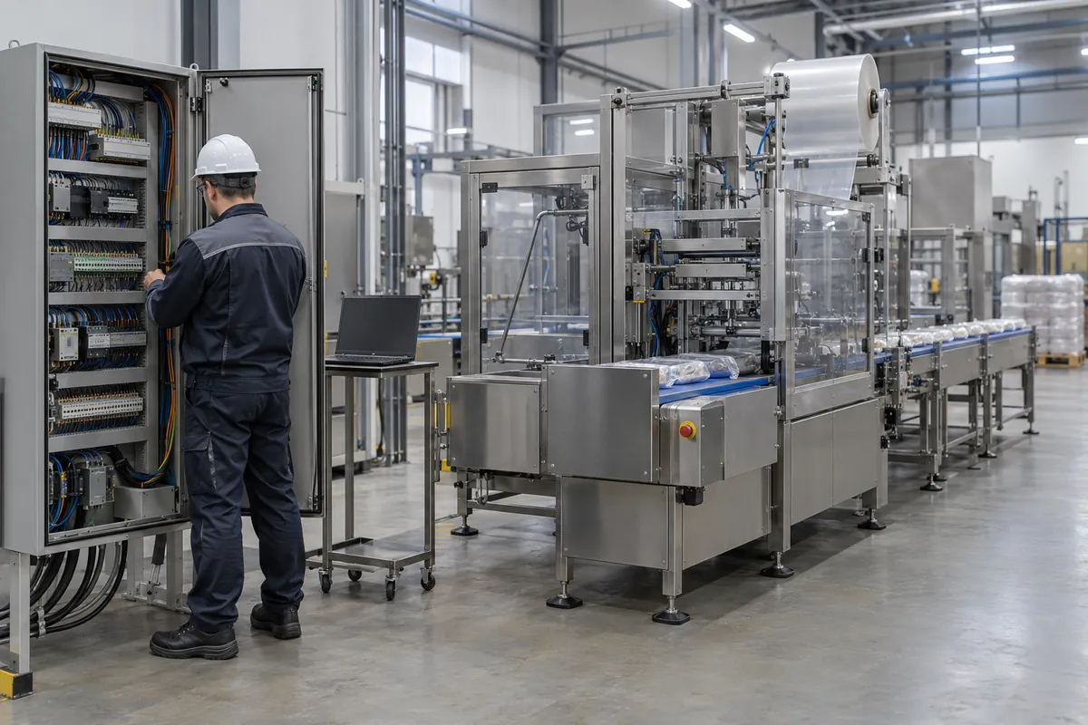 A technician at an open control cabinet next to a newly installed packaging machine during startup