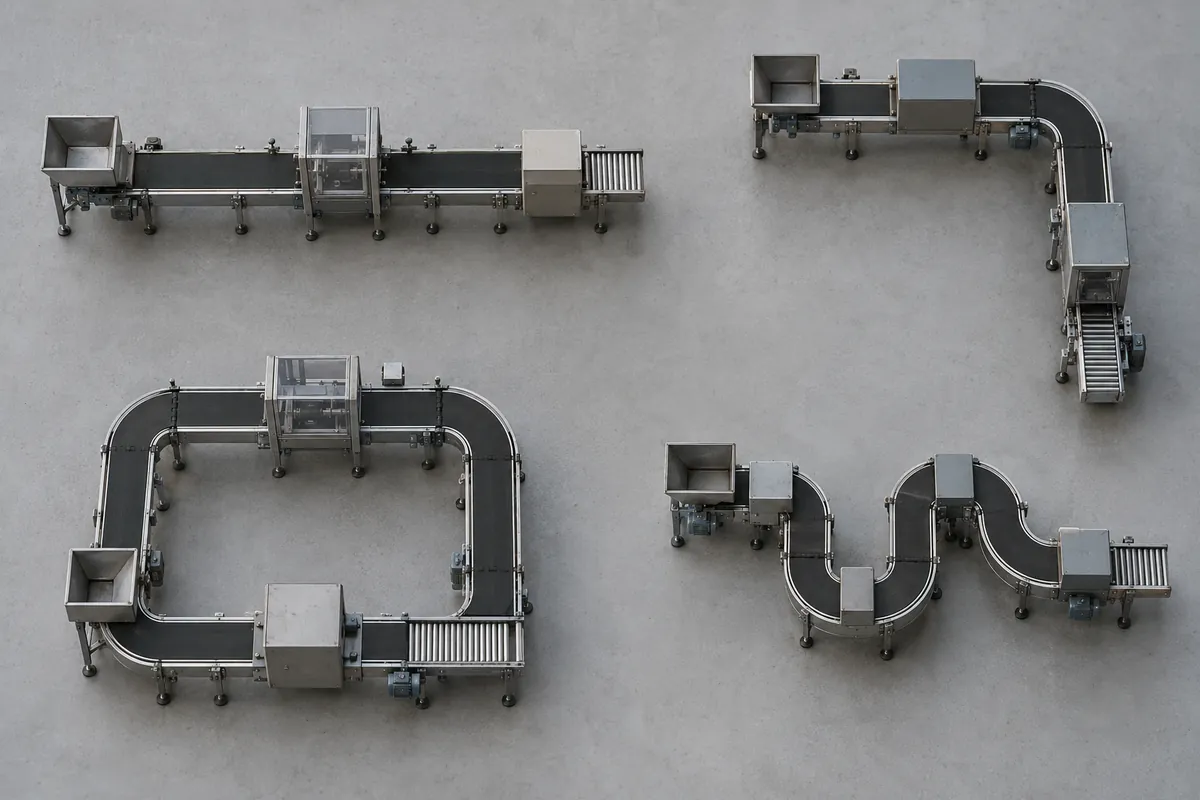 Four small plan-view models of a packaging line on a floor: straight, L-shaped, U-shaped, and serpentine