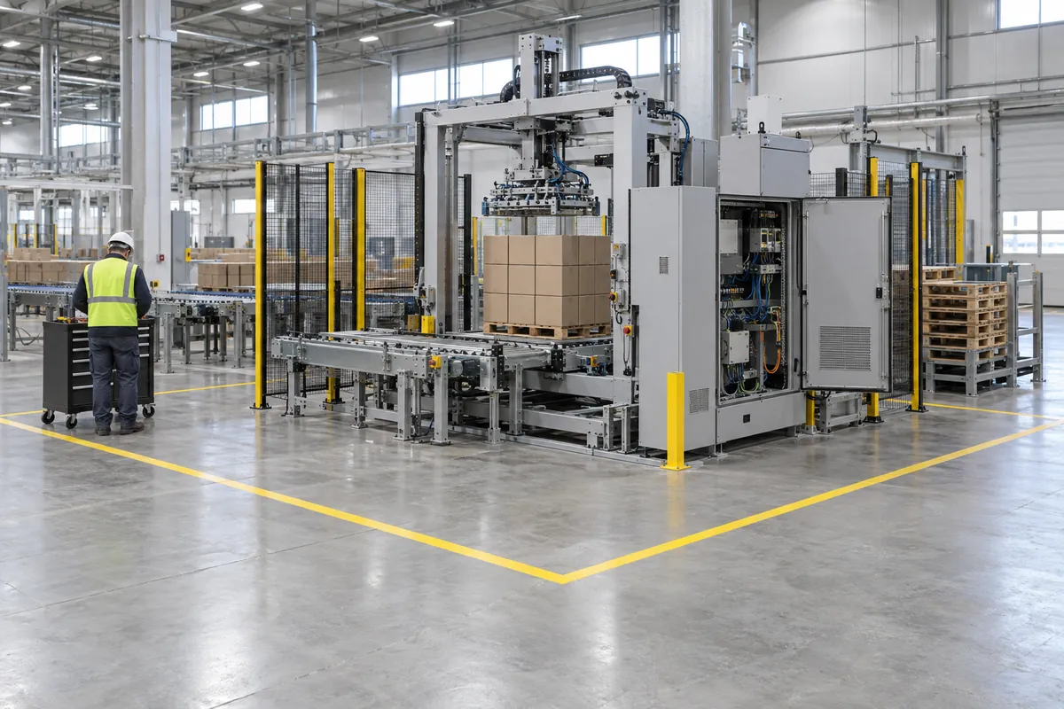 A palletizer on a plant floor with a rectangular maintenance clearance zone marked around it in floor tape