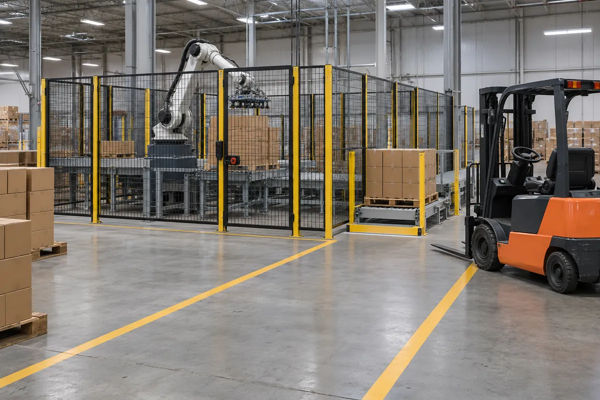 A guarded robotic palletizing cell with fencing, a controlled entry door, a pallet exchange opening, and marked forklift approach lanes