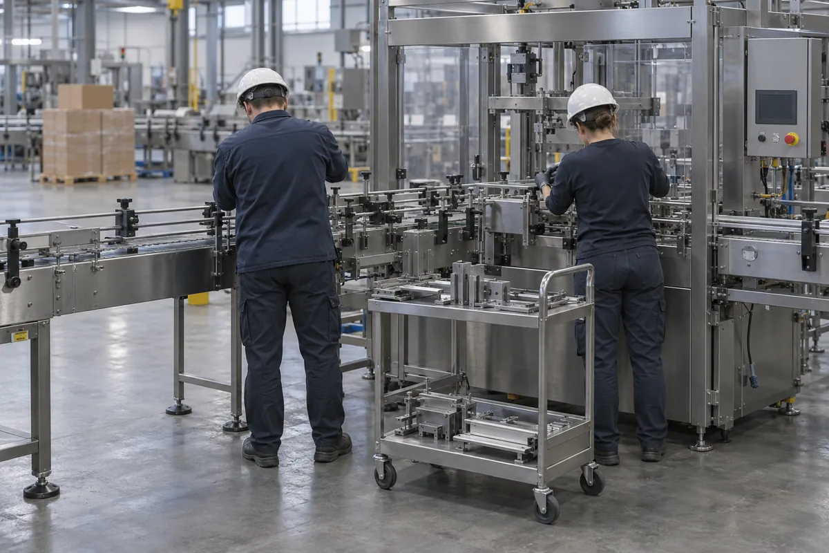 Two operators seen from behind adjusting guide rails and tooling on a packaging machine during a format change, with labeled change parts on a cart