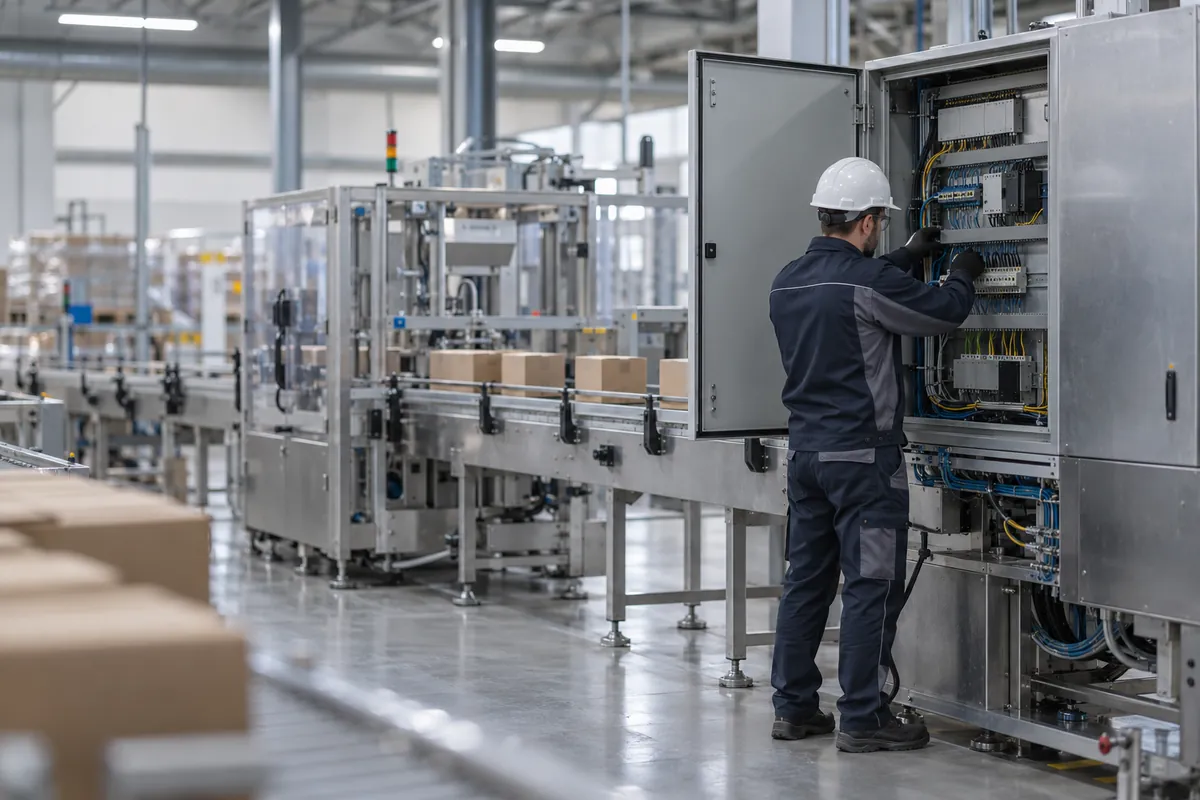 An engineer seen from the side at an open control cabinet on a packaging line, checking wiring and network connections