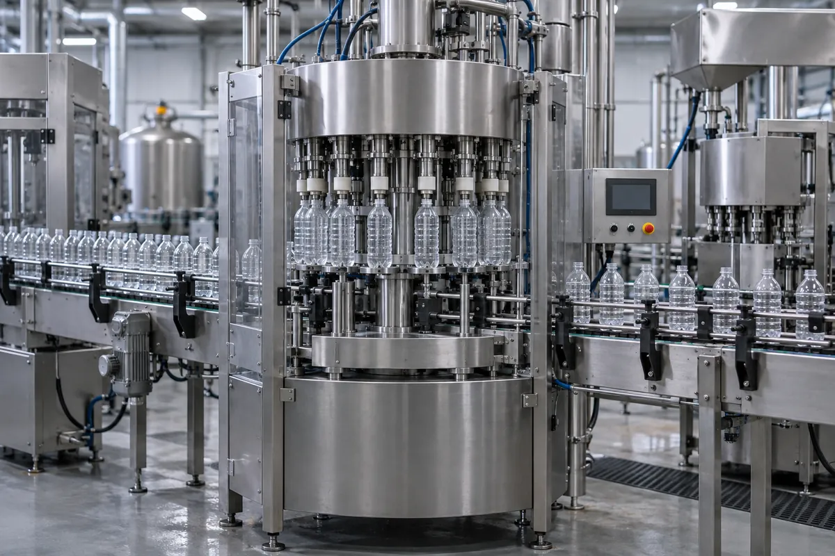 A section of a packaging line with machines at different working speeds on either side of a central filler, connected by accumulating conveyors with product queued