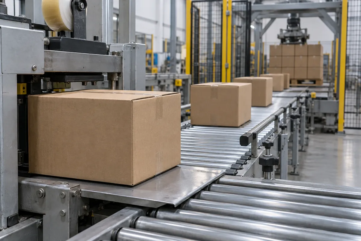Cases moving from a case sealer discharge across a transfer plate onto a roller conveyor leading to a palletizer infeed, with guard rails on both sides