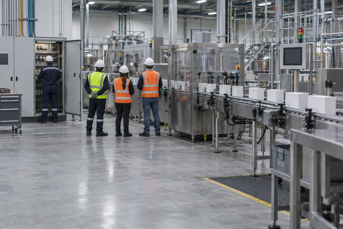 A commissioning team seen from behind at an installed packaging line, one engineer at an open control cabinet and others watching product run